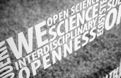 Kuva sanapilvestä: open science, we, interidsciplinary, openness jne.
