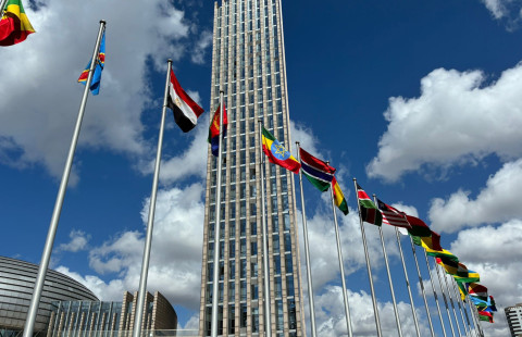 Flags of African Union member states in front of the union's headquarters in Addis Ababa.