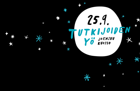 Grafiikka, jossa kuu ja tähtiä sekä teksti Tutkijoiden yö 25.9. Joensuu Kuopio