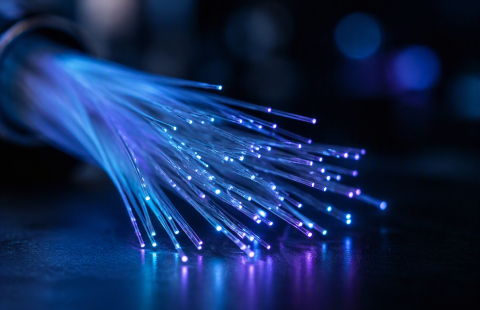 Fibre optic cables with glowing blue and purple light, representing photonics and optical communication technologies